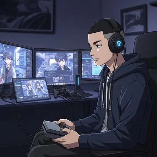 Young Man Gamer with Black Buzzcut Hair in Anime Style