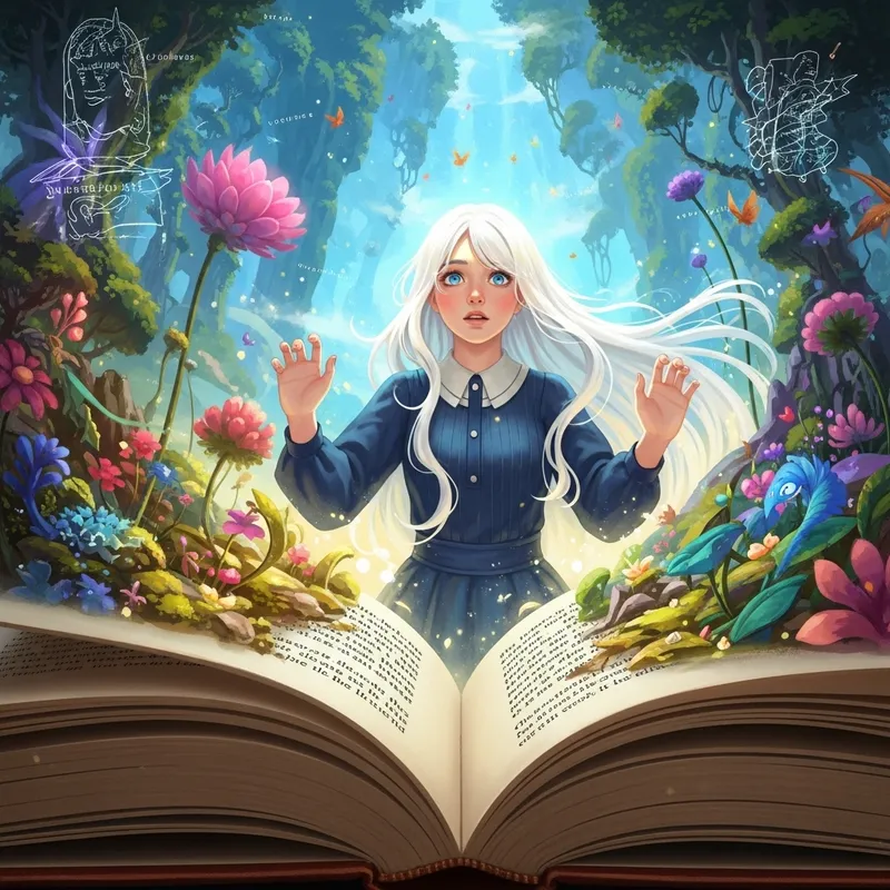 White-Haired Girl with Blue Eyes Lost in a Fantasy Novel World White-Haired Girl with Blue Eyes Lost in a Fantasy Novel World