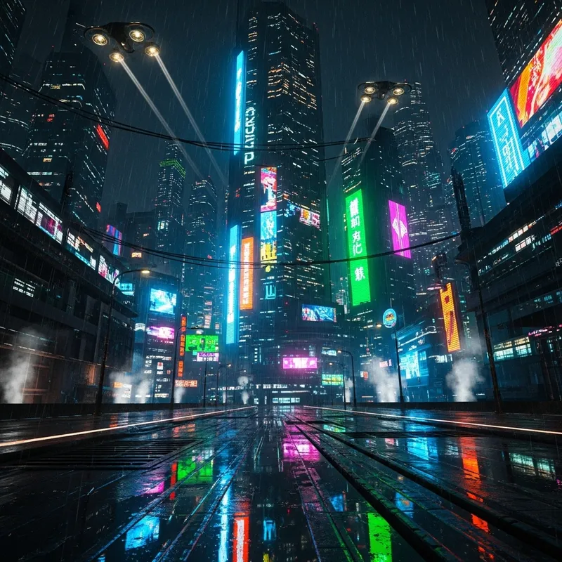 Futuristic Cyberpunk Night Cityscape with Neon Lights