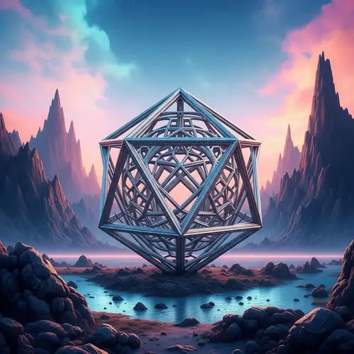 Surreal Mountain Landscape with Metal Sacred Geometry Object