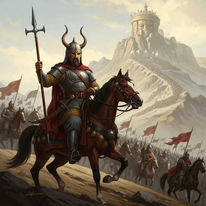 Dhul-Qarnayn: Epic Warrior in Military Garb Leading Army