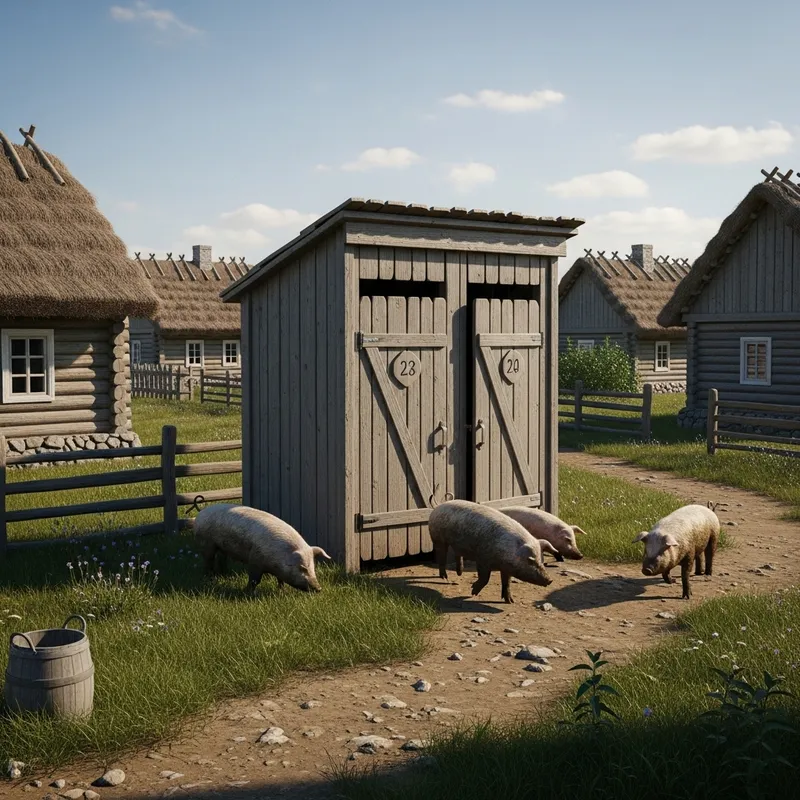 Adorable Pigs Playing in Village Outhouse - Charming Countryside Scene