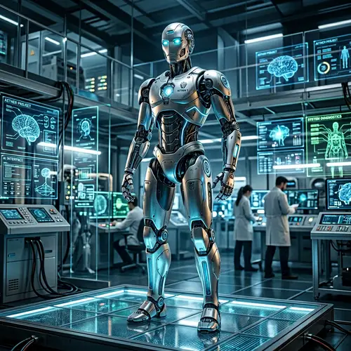 Futuristic AI Robot in High-Tech Laboratory