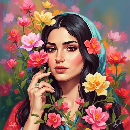 Enchanting Middle-Eastern Woman Portrait with Vibrant Flowers