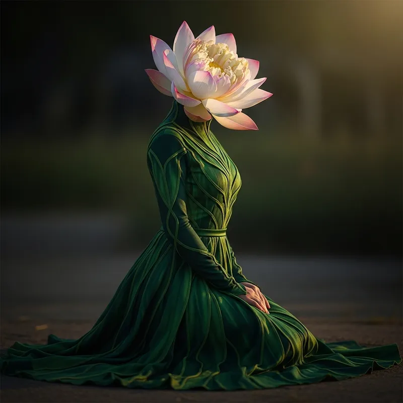 Green Plant Lady with Lotus Flower Head - Serenity and Elegance Green Plant Lady with Lotus Flower Head - Serenity and Elegance