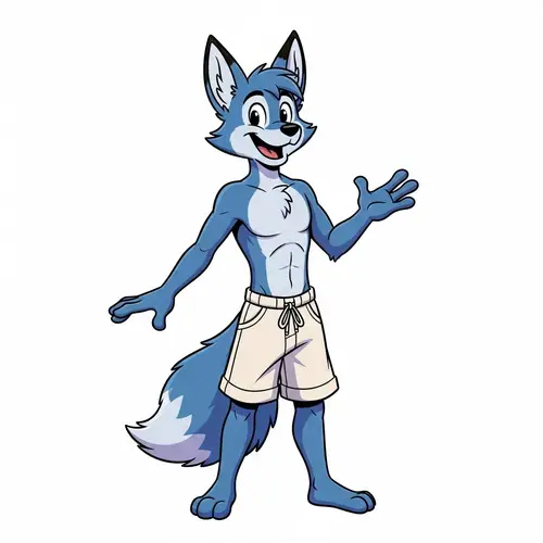 Friendly Male Blue Fox Demi-Human in Cartoon Style