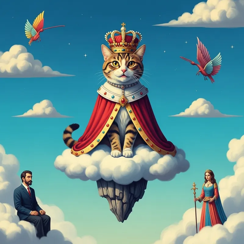 Vibrant Pop Art: Crowned Cat on Floating Cloud | Whimsical Fantasy