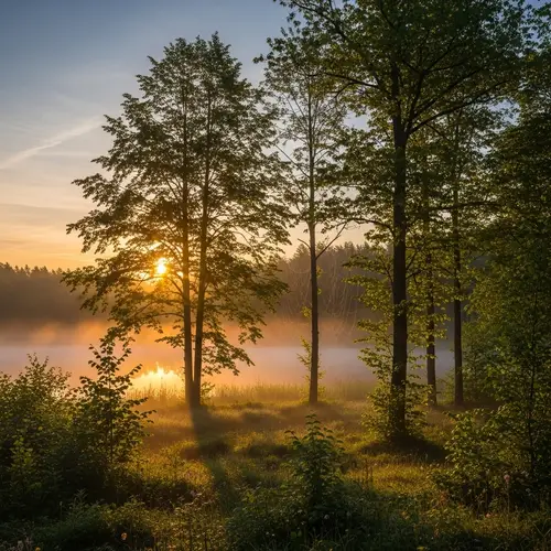 Enchanting Dawn in Vast Forest: Tranquil Splendor of Nature Awakening