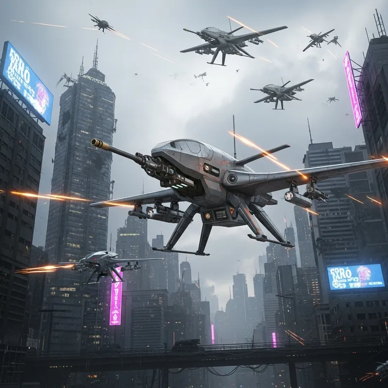 Murder Drones in Action - Futuristic High-Tech Warfare Scene Murder Drones in Action - Futuristic High-Tech Warfare Scene