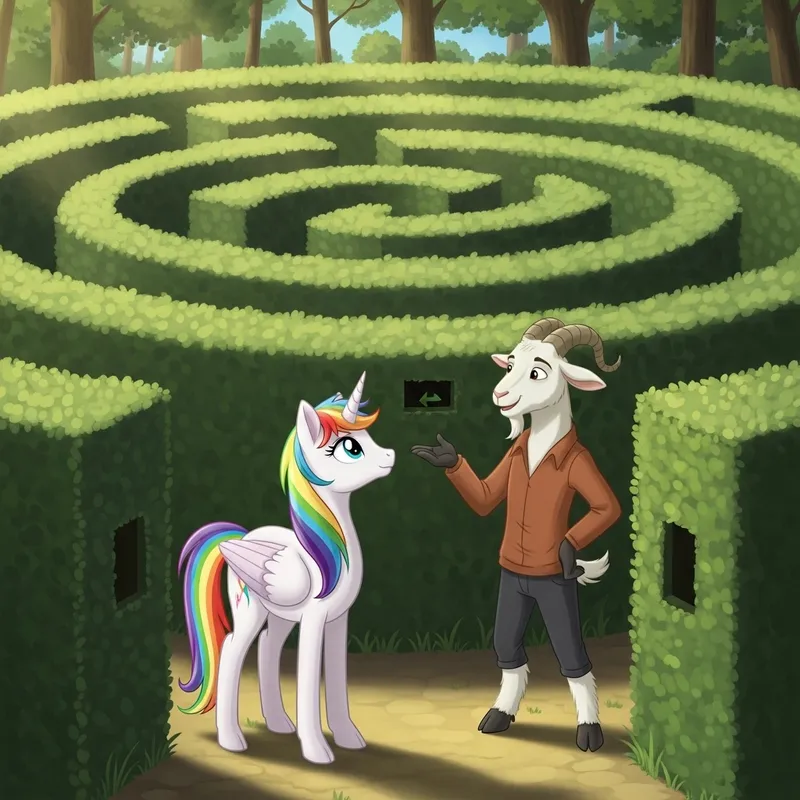 Sparkle the White Unicorn and Hooves the Friendly Goat in Enchanted Labyrinth