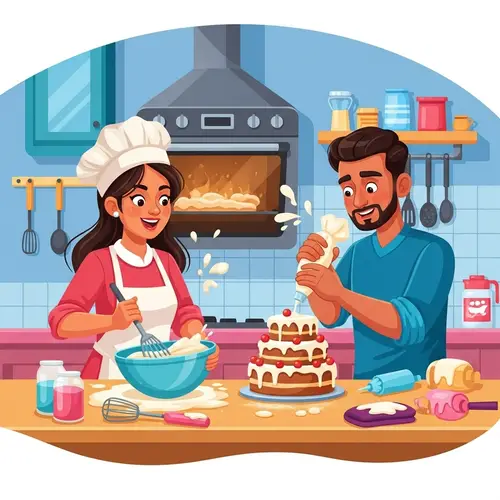 Joyful Cartoon Couple Baking Cake Together | Teamwork Illustration