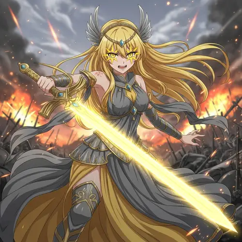 Anime White Girl Battle with Bright Yellow Sword