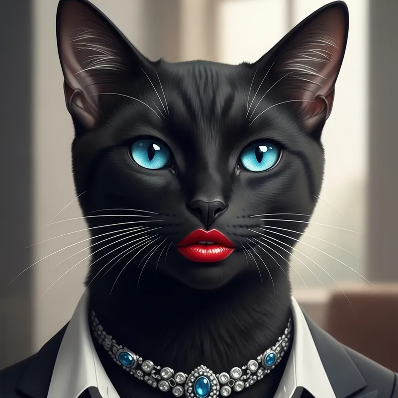 Feminine Black Cat with Striking Blue Eyes & Makeup