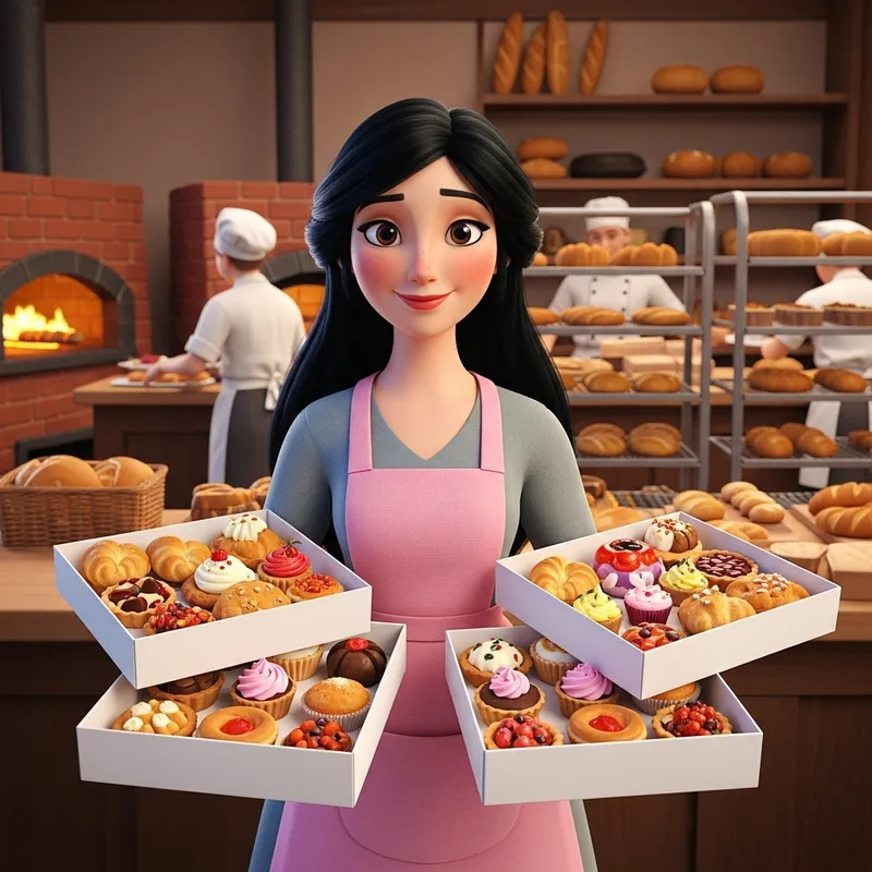 Pixar 3D Style: Black-Haired Woman Baker with Bite-Sized Pastries