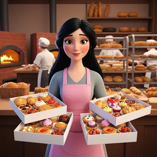 Beautiful Woman in Pixar 3D Style Bakery Scene with Bite-Sized Pastries