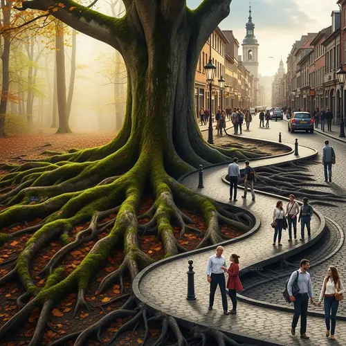 Gnarled Tree Roots Transform to City Roads | Diverse Urban Scene