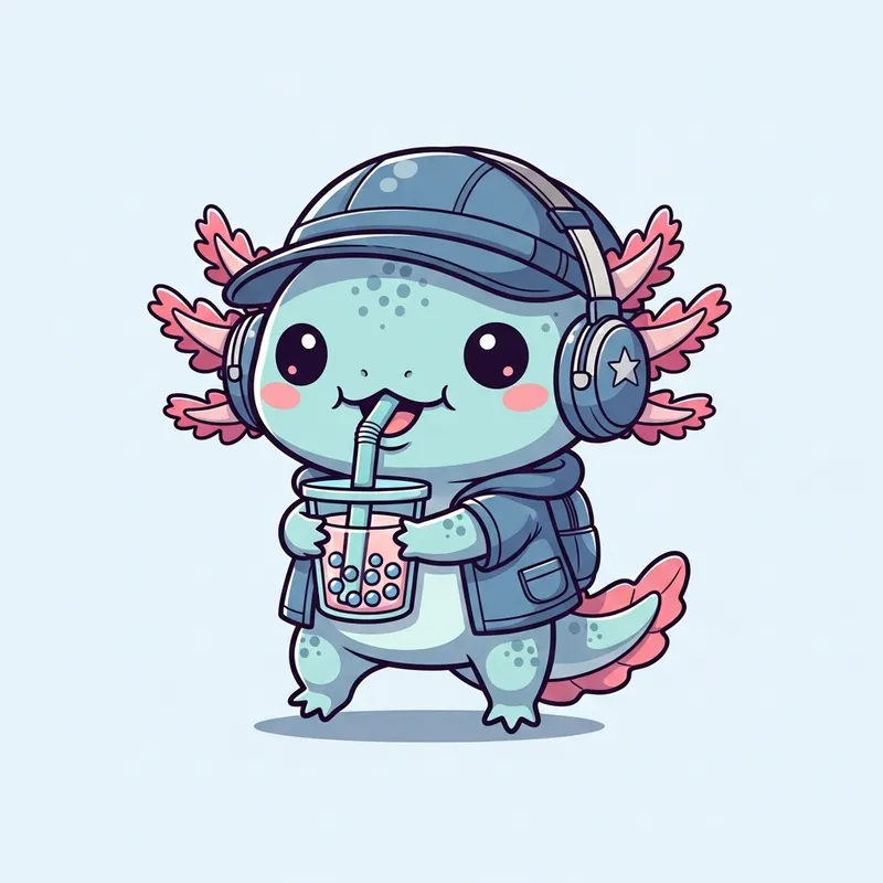Charming Axolotl Kawaii Illustration Sipping Bubble Tea Charming Axolotl Kawaii Illustration Sipping Bubble Tea