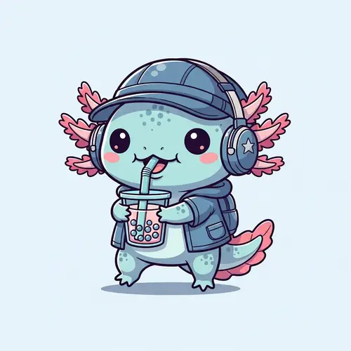 Adorable Axolotl Character Illustration in Pastel Blues and Pinks