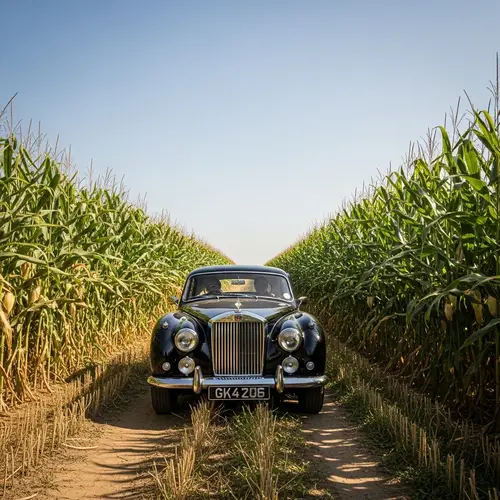 Luxurious Classic British Car Cruising Through Cornfield