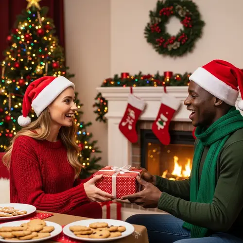 Festive Christmas Scene with Gift Exchange and Decorated Tree