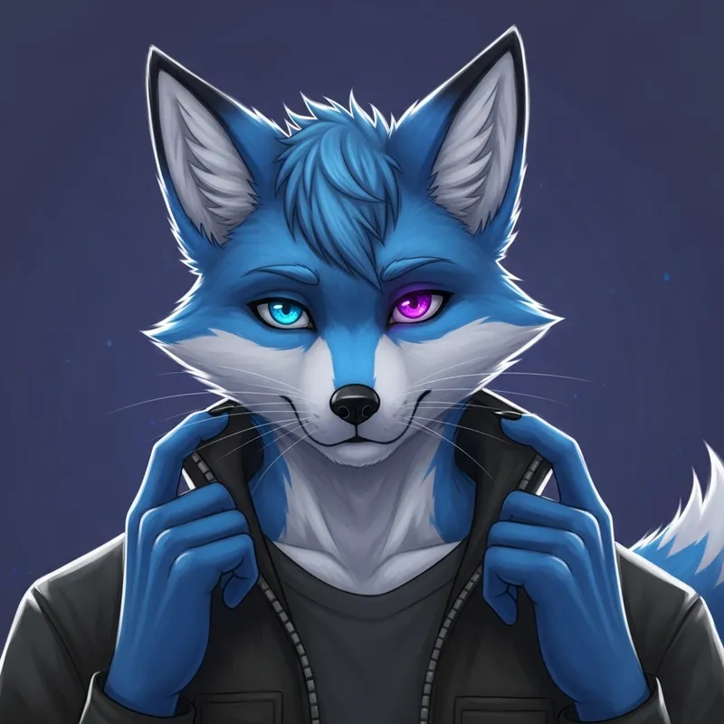 Male Fox Demi-Human with Unique Blue Fur and Heterochromatic Eyes