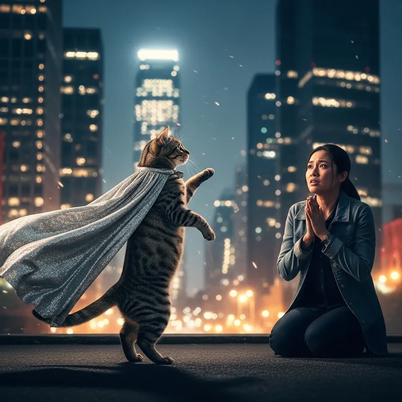 Superhero Cat Saves Human in Cityscape