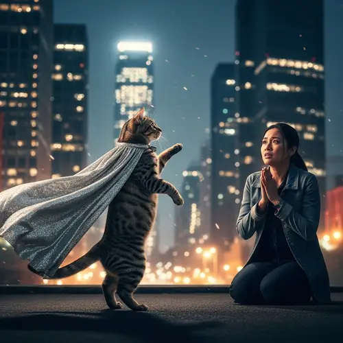 Superhero Cat Rescues Asian Woman in Metropolitan Scene