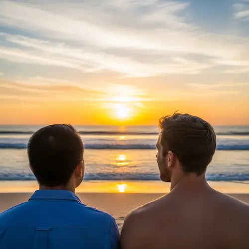 Romantic Beach Sunset Scene with Diverse Gay Couple