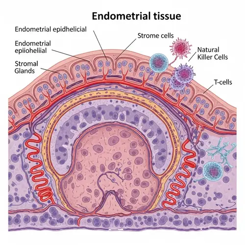 Detailed Cross-Section of Endometrial Tissue: Cells, Glands, Blood Vessels & Immune Cells