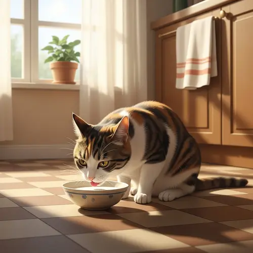 Calico Cat Enjoying Milk in Cozy Kitchen