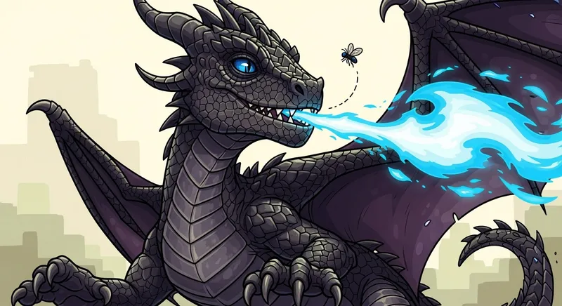 Dark Juvenile Dragon: Blue Fire Engaging Buzzing Fly
