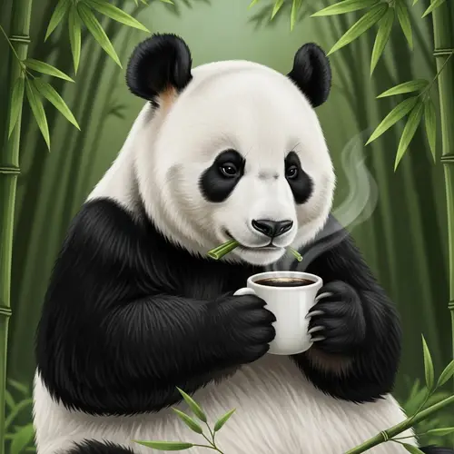 Joyful Panda Bear Holding a Cup of Coffee