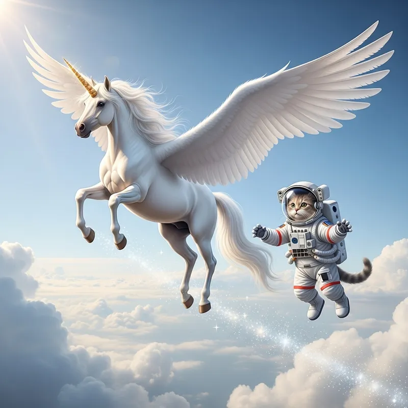 Whimsical Unicorn and Astronaut Cat - Fantasy Sky Adventure Whimsical Unicorn and Astronaut Cat - Fantasy Sky Adventure