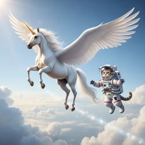 Majestic Unicorn Flying with Astronaut Cat - Fantasy Sky Adventure