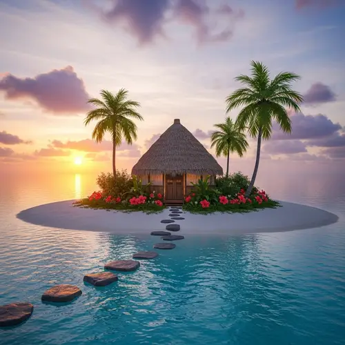 Tranquil Tropical Island Retreat with Straw Hut and Hibiscus Flowers