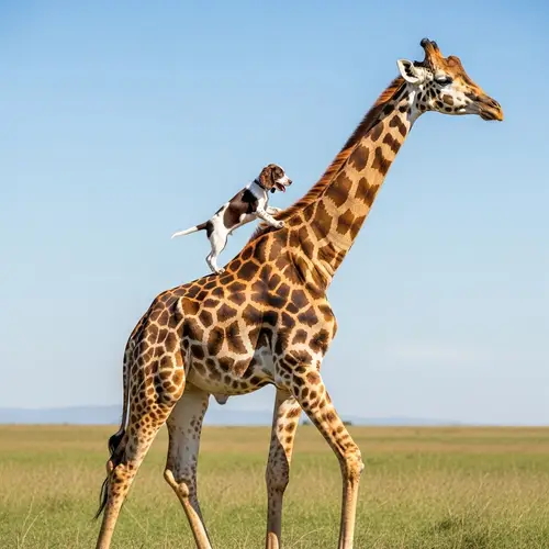 Adorable Dog Riding Giraffe - Unusual Friendship in Sunny Savannah
