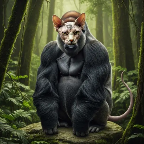 Mystical Sphinx-Gorilla Hybrid in Tropical Forest