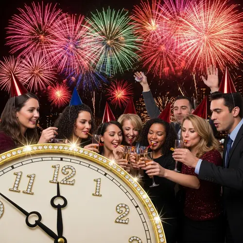 Sparkling New Year's Eve Celebration with Clock, Fireworks & Diverse Crowd