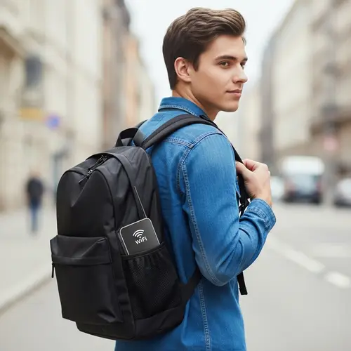 Portable WiFi Router: Young Man with Backpack