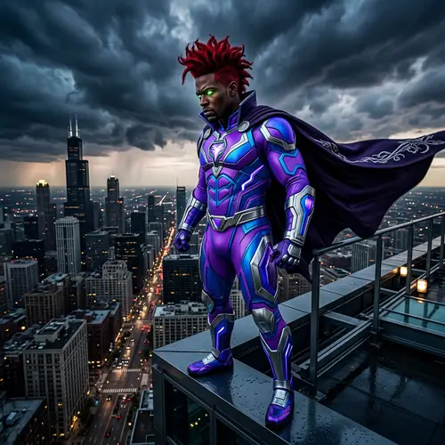 Male Black Supervillain with Red Spiky Hair Conquering City