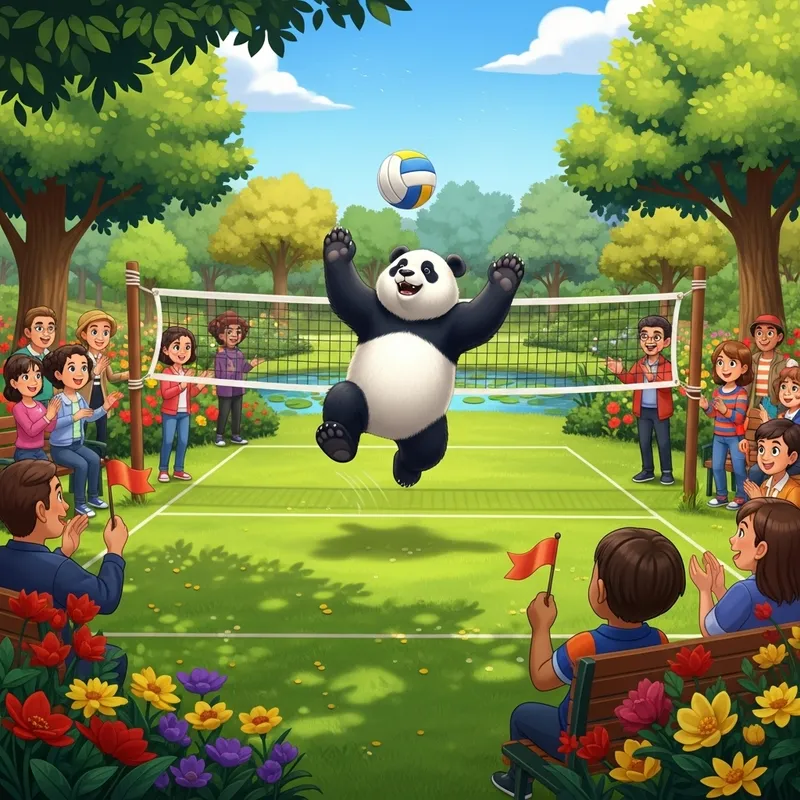 Playful Panda Playing Volleyball in Lively Park