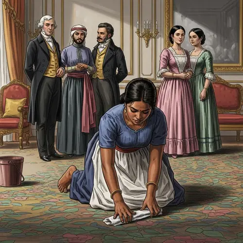 19th Century Philippines: Working Class Woman Cleaning Floor Observed by High Society Group