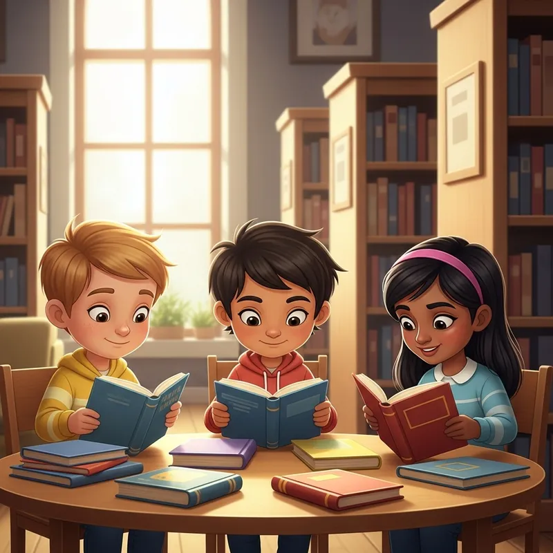 Three Children Reading in a Cozy Library - Animation Three Children Reading in a Cozy Library - Animation