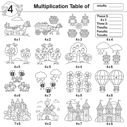 Colorful Multiplication Table of Four | Fun Educational Coloring Page