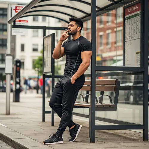 Muscular South Asian Man Smoking at Bus Stop