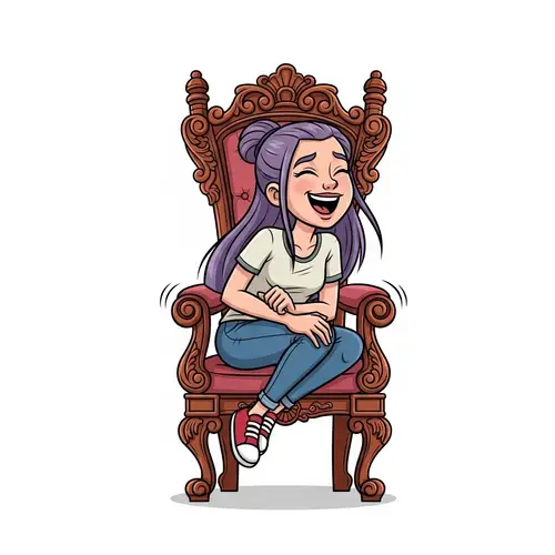 Cartoon Style Teenage Girl Laughing Out Loud in Mahogany Chair