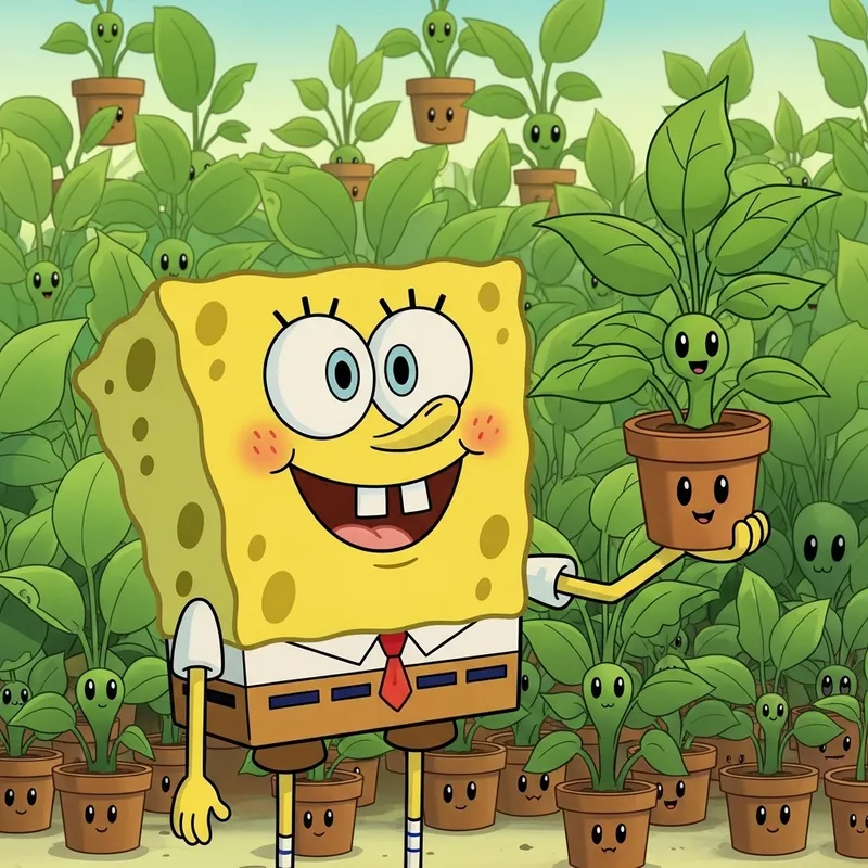Cheerful Cartoon Sponge Character with Goofy Expression and Green Plants Cheerful Cartoon Sponge Character with Goofy Expression and Green Plants