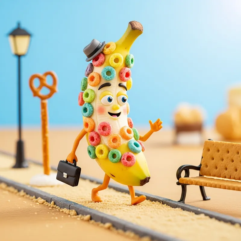 Whimsical Half-Peeled Banana Character with Fruit Loops