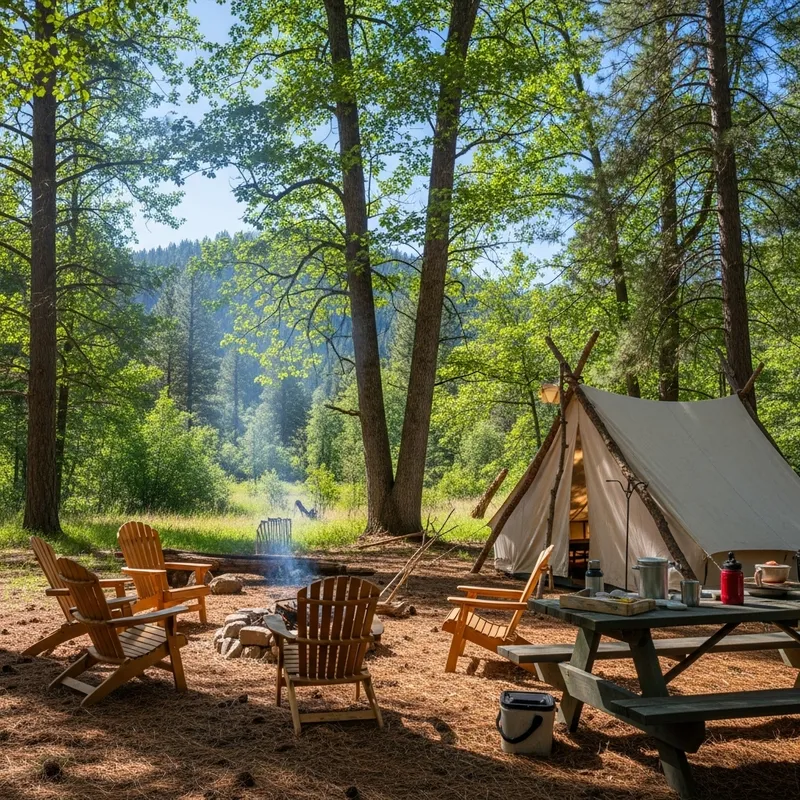 Picturesque Forests and Rustic Campsites - Serene Wilderness Scene Picturesque Forests and Rustic Campsites - Serene Wilderness Scene