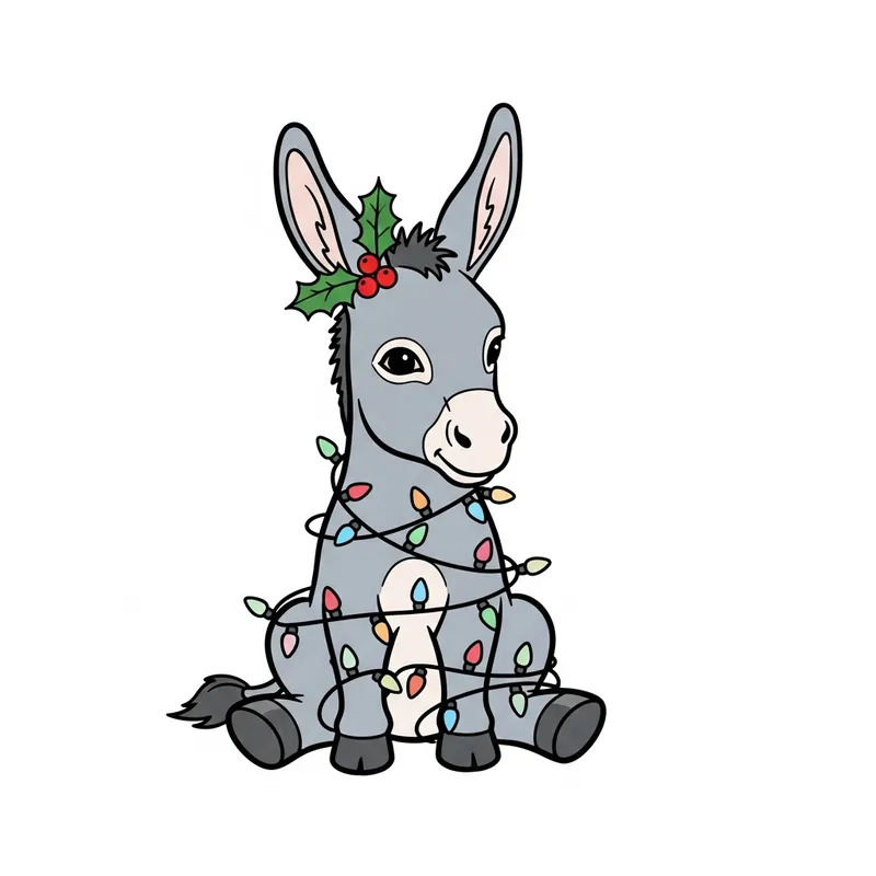 Cute Gray Donkey in Colorful Christmas Lights | Vector Artwork